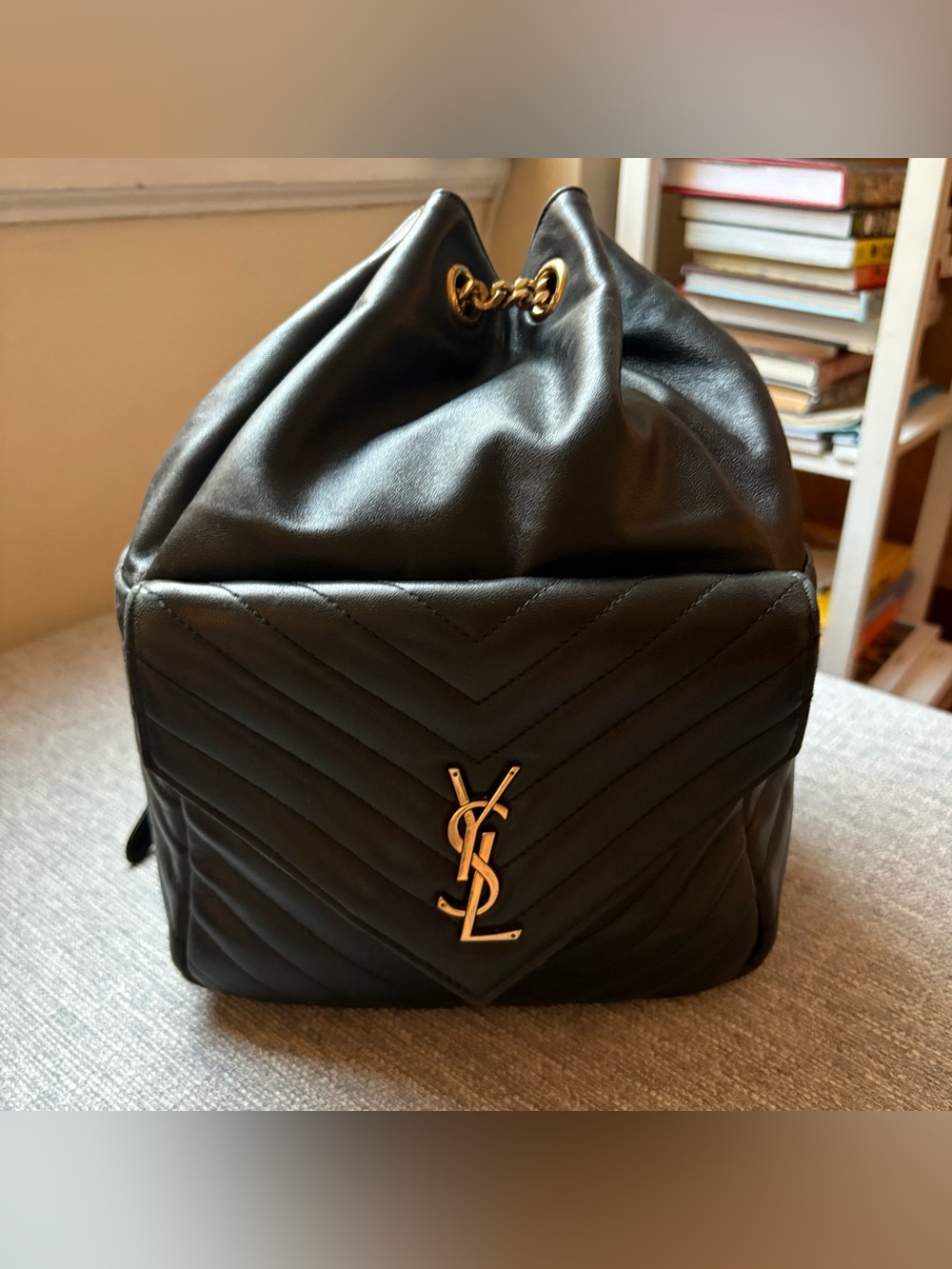 Saint Laurent Black Quilted Leather Drawstring Backpack with Gold Chain - Picture 5 of 16